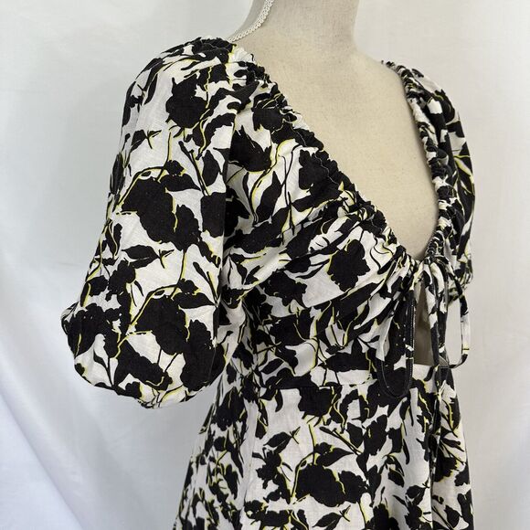Anthropologie Aureta Floral Black White Dress Size SMALL Puff Sleeve - Picture 3 of 7